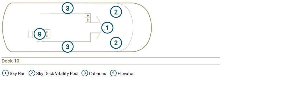 Deck 10 plan of the Scenic Eclipse yachts, showing the Sky Bar, the Sky Deck Vitality Pool and the cabanas