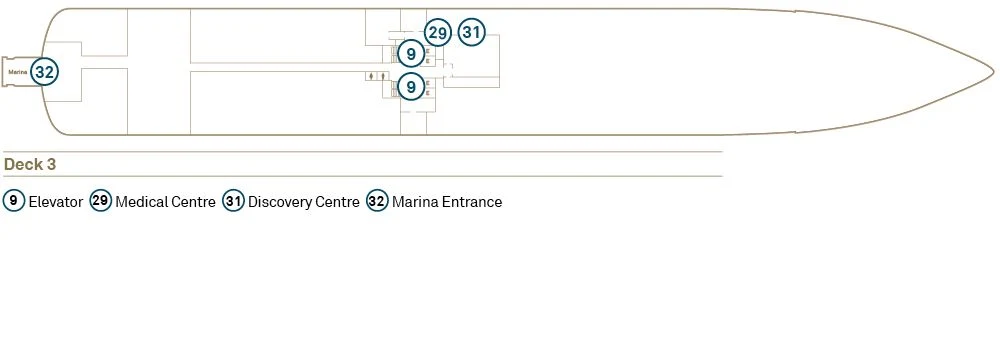 Deck 3 plan of Scenic Eclipse II, showing the Medical Centre, the Discovery Centre and the Marina entrance at the stern