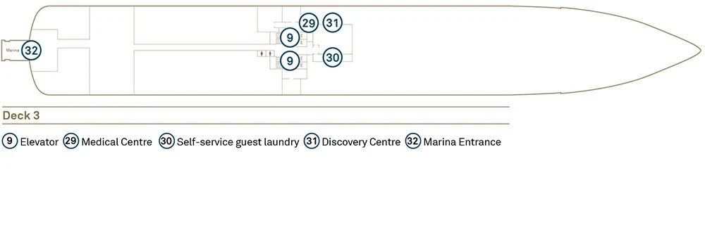 Deck 3 plan of Scenic Eclipse, showing the Medical Centre, the self-service guest laundry, the Discovery Centre and the Marina entrance at the stern