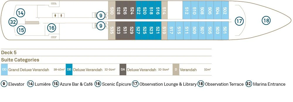 Deck 5 plan of the Scenic Eclipse yachts, showing Lumière, Azure Bar & Café and Scenic Épicure aft, suites 501 to 535 in the Grand Deluxe Verandah, Deluxe Verandah and Verandah categories, and the Observation Lounge & Library and Observation Terrace forward