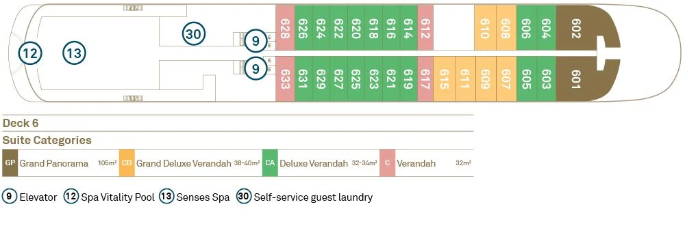 Deck 6 plan of Scenic Eclipse II, showing the Senses Spa, Spa Vitality Pool and self-service guest laundry aft, suites 603 to 633 in the Grand Deluxe Verandah, Deluxe Verandah and Verandah categories, and Grand Panorama Suites 601 and 602 at the bow