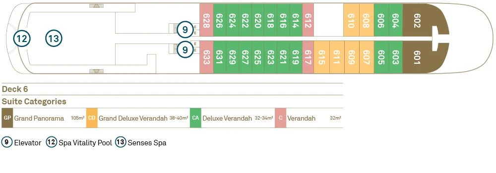 Deck 6 plan of Scenic Eclipse, showing the Senses Spa and Spa Vitality Pool aft, suites 603 to 633 in the Grand Deluxe Verandah, Deluxe Verandah and Verandah categories, and Grand Panorama Suites 601 and 602 at the bow