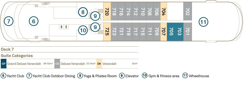 Deck 7 plan of the Scenic Eclipse yachts, showing the Yacht Club and its outdoor dining aft, the yoga and Pilates room and the gym, suites 701 to 725 in the Grand Deluxe Verandah, Deluxe Verandah and Verandah categories, and the Wheelhouse forward