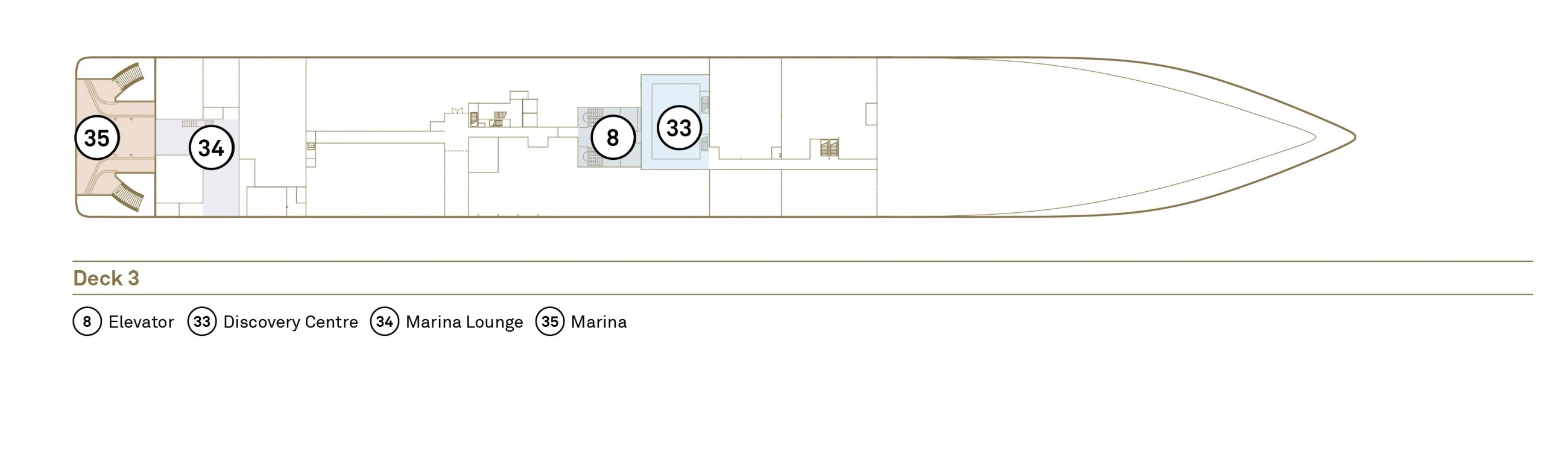 Deck 3 plan of Scenic Ikon, showing the Marina and Marina Lounge at the stern and the Discovery Centre