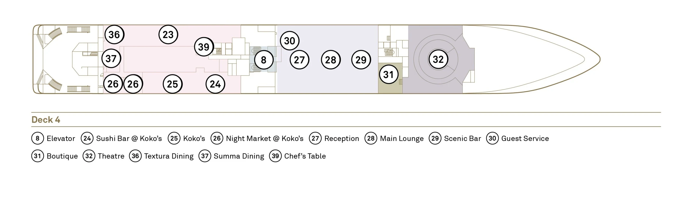 Deck 4 plan of Scenic Ikon, showing Textura Dining, Summa Dining, Night Market @ Koko's, Koko's, the Sushi Bar @ Koko's and the Chef's Table aft, Reception, Guest Service, the Main Lounge, Scenic Bar and Boutique, and the Theatre forward