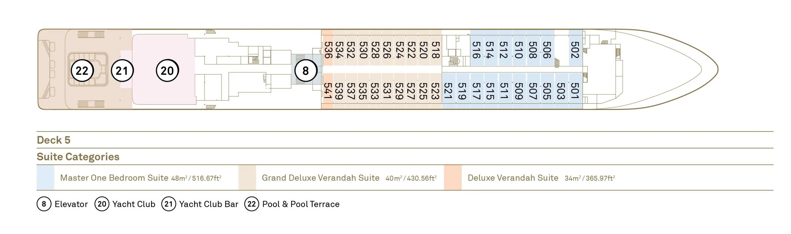 Deck 5 plan of Scenic Ikon, showing the Pool & Pool Terrace, Yacht Club Bar and Yacht Club aft, and Master One Bedroom, Grand Deluxe Verandah and Deluxe Verandah Suites