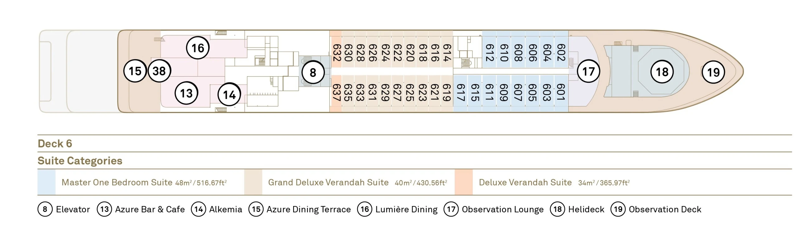 Deck 6 plan of Scenic Ikon, showing the Azure Dining Terrace, Azure Bar & Cafe and Lumière Dining aft, Master One Bedroom, Grand Deluxe Verandah and Deluxe Verandah Suites, and the Observation Lounge, Helideck and Observation Deck forward