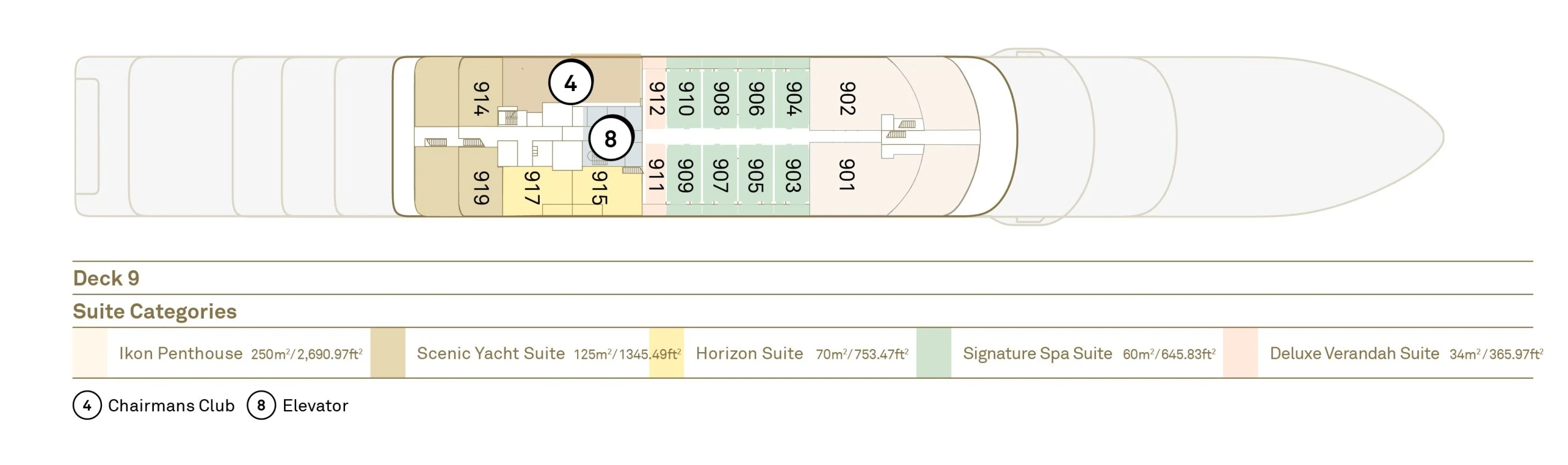 Deck 9 plan of Scenic Ikon, showing the Ikon Penthouse, Scenic Yacht Suites, Horizon Suites, Signature Spa Suites and Deluxe Verandah Suites, and the Chairmans Club