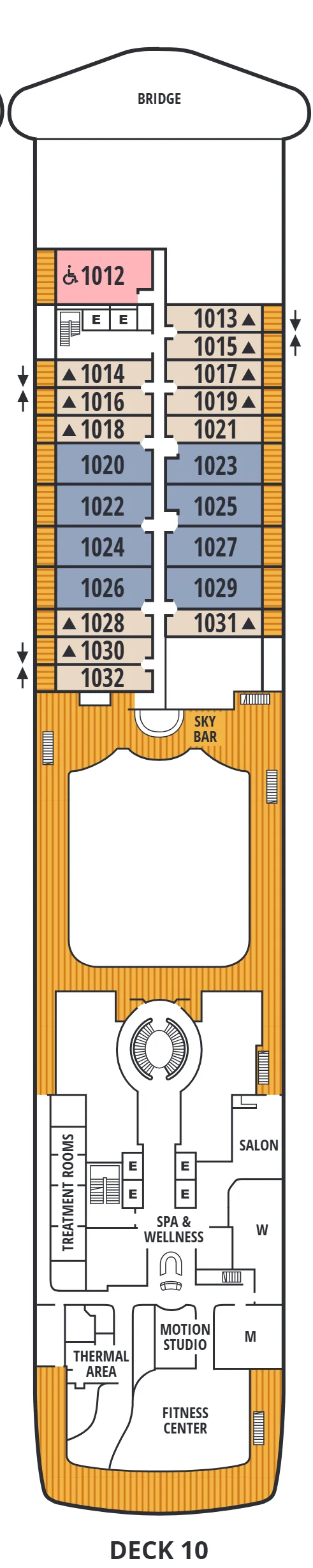 Deck 10 plan of Seabourn Encore and Seabourn Ovation, showing the bridge forward, Owner's Suite 1012, Veranda and Penthouse Suites 1013 to 1032, the Sky Bar, and Spa & Wellness, the treatment rooms, Salon, Thermal Area, Motion Studio and Fitness Center aft