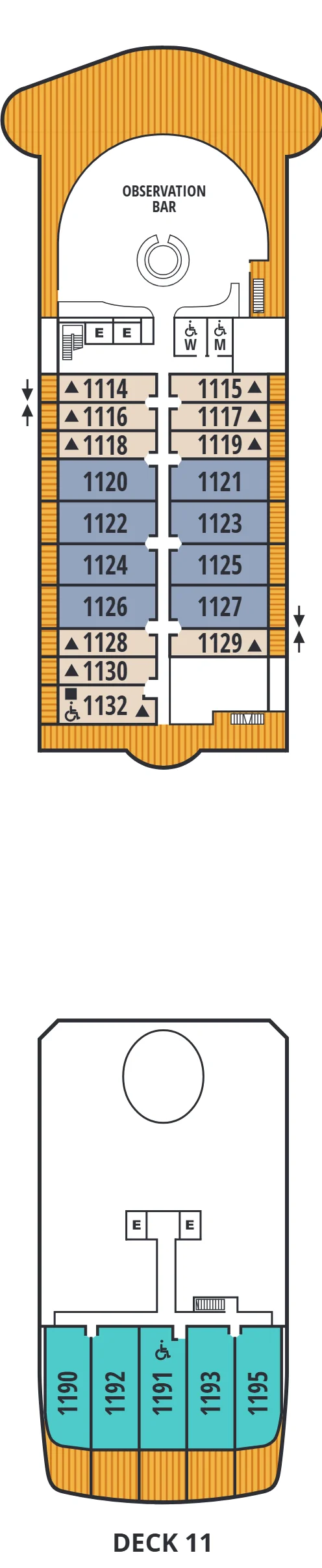 Deck 11 plan of Seabourn Encore and Seabourn Ovation, showing the Observation Bar forward, Veranda and Penthouse Suites 1114 to 1132, and Penthouse Spa Suites 1190 to 1195 aft