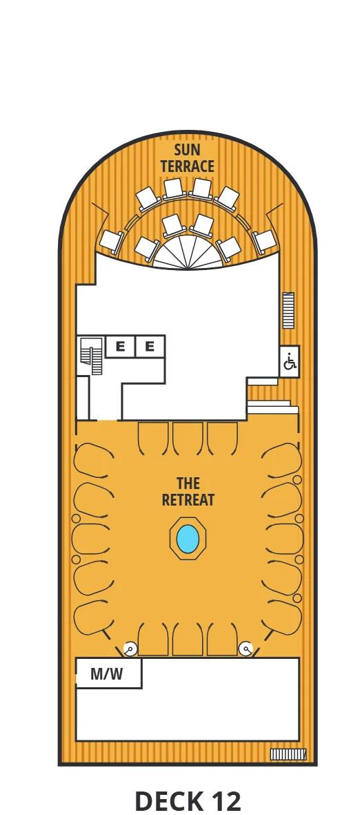 Deck 12 plan of Seabourn Encore and Seabourn Ovation, showing the Sun Terrace forward and The Retreat