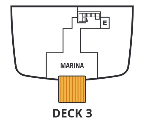 Deck 3 plan of Seabourn Encore and Seabourn Ovation, showing the Marina at the stern
