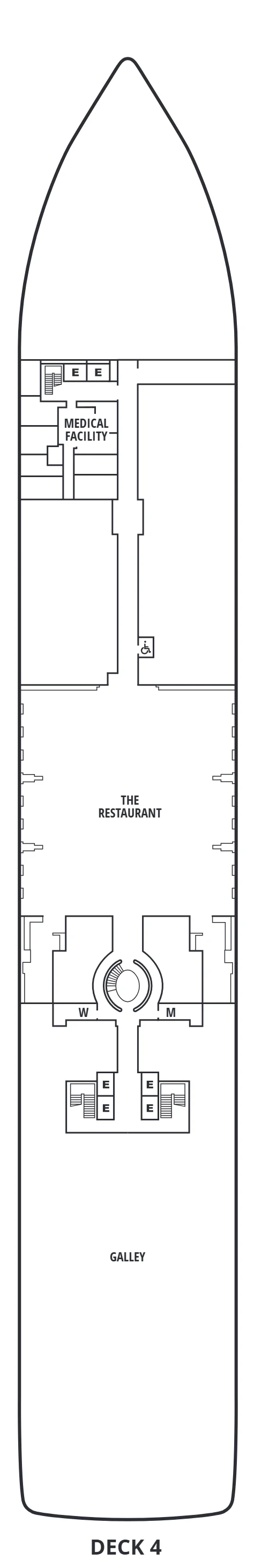 Deck 4 plan of Seabourn Encore and Seabourn Ovation, showing the Medical Facility forward, The Restaurant and the galley