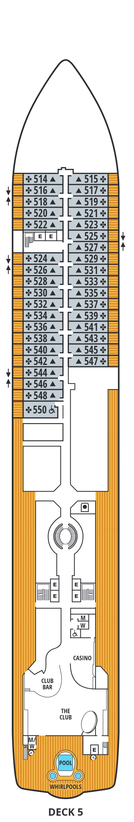 Deck 5 plan of Seabourn Encore and Seabourn Ovation, showing Veranda Suites 514 to 550 forward, the Casino, Club Bar and The Club, and the pool and whirlpools aft
