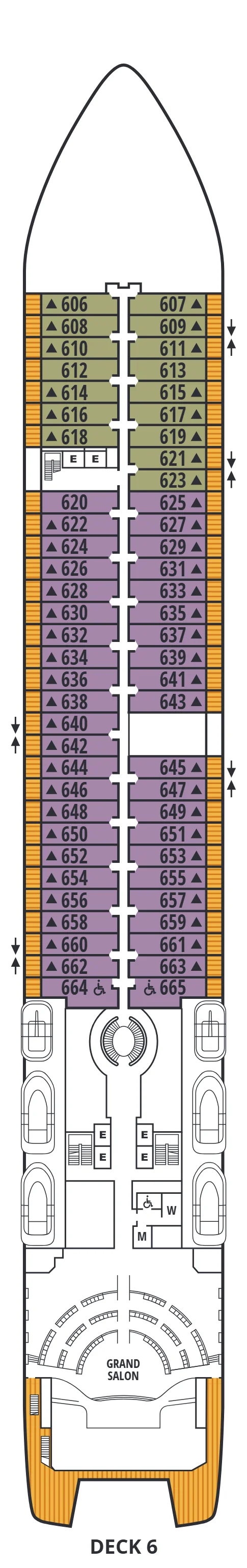 Deck 6 plan of Seabourn Encore and Seabourn Ovation, showing Veranda Suites 606 to 665 and the Grand Salon aft