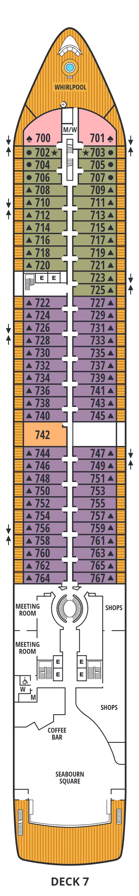 Deck 7 plan of Seabourn Encore and Seabourn Ovation, showing the bow whirlpool, Owner's Suites 700 and 701, Veranda Suites 702 to 767, Owner's Suite 742, the meeting rooms, the shops, the Coffee Bar and Seabourn Square