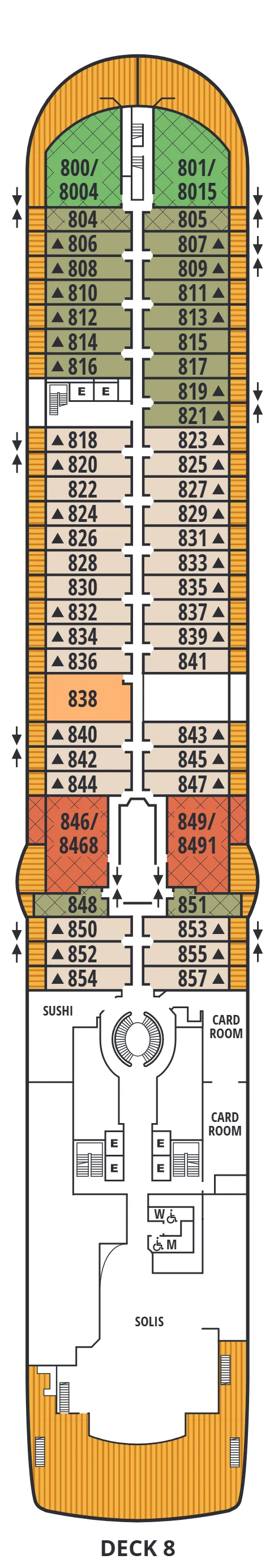 Deck 8 plan of Seabourn Encore and Seabourn Ovation, showing Signature Suites 800 and 801 forward, Veranda Suites, Owner's Suite 838, Wintergarden Suites 846 and 849, Sushi, the card rooms and Solis