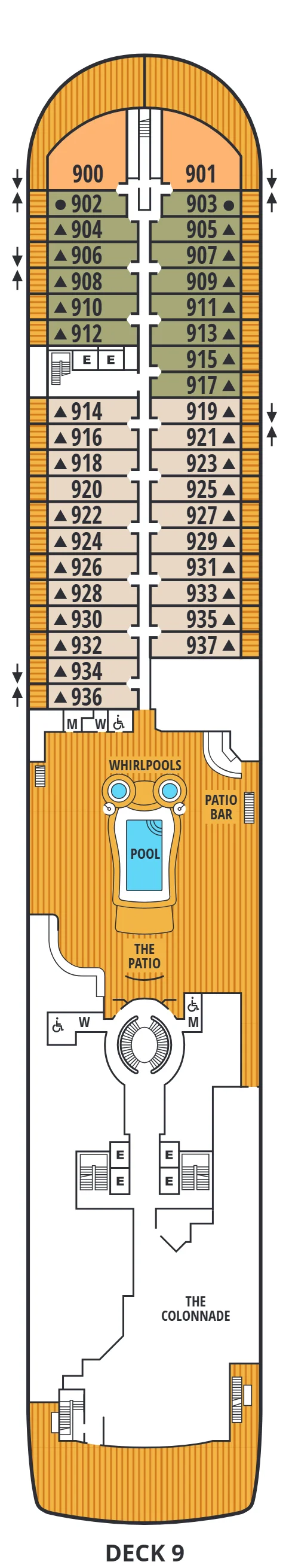 Deck 9 plan of Seabourn Encore and Seabourn Ovation, showing Owner's Suites 900 and 901 forward, Veranda Suites 902 to 937, the pool and whirlpools, the Patio Bar, The Patio and The Colonnade aft