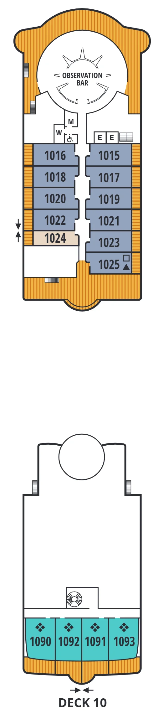 Deck 10 plan of Seabourn Quest, showing the Observation Bar forward, Penthouse Suites 1015 to 1025 with Veranda Suite 1024 among them, and Penthouse Spa Suites 1090 to 1093 aft