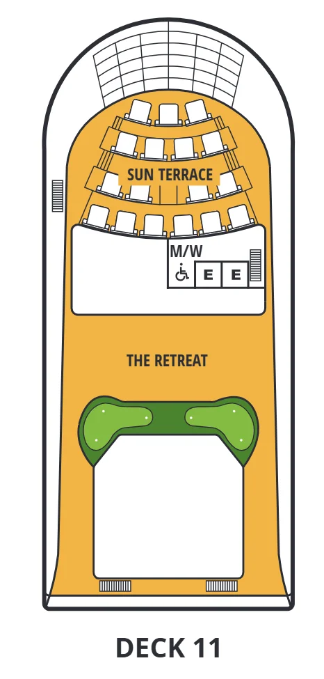 Deck 11 plan of Seabourn Quest, showing the Sun Terrace forward and The Retreat behind it