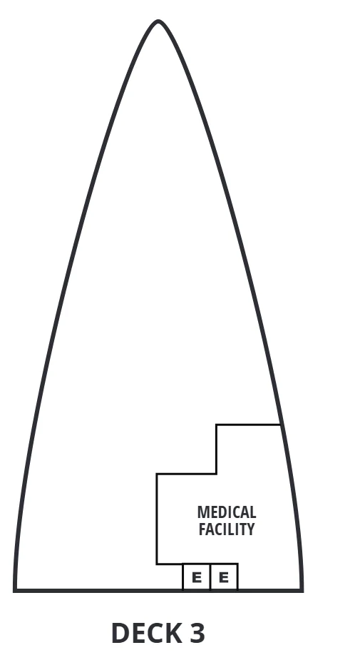 Deck 3 plan of Seabourn Quest, showing the Medical Facility forward