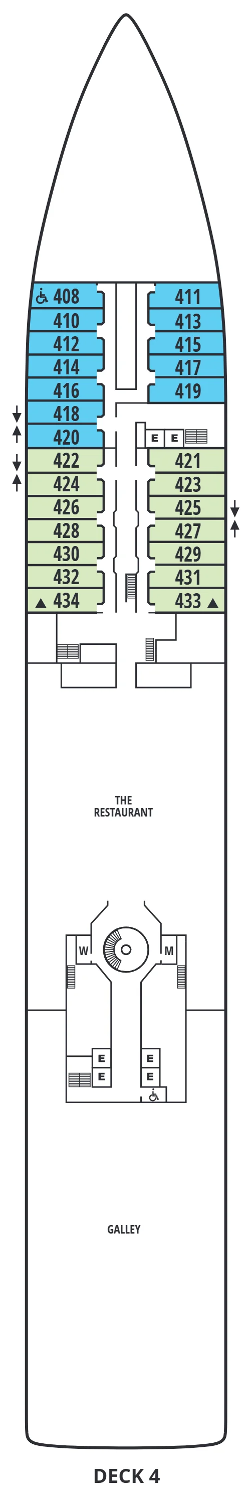 Deck 4 plan of Seabourn Quest, showing Ocean View Suites 408 to 434 forward, The Restaurant and the galley