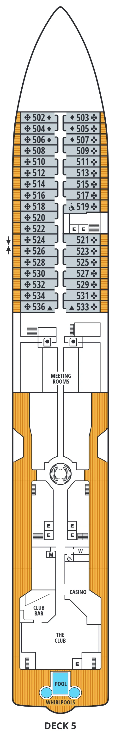 Deck 5 plan of Seabourn Quest, showing Veranda Suites 502 to 536 forward, the meeting rooms, the Casino, Club Bar and The Club, and the pool and whirlpools aft