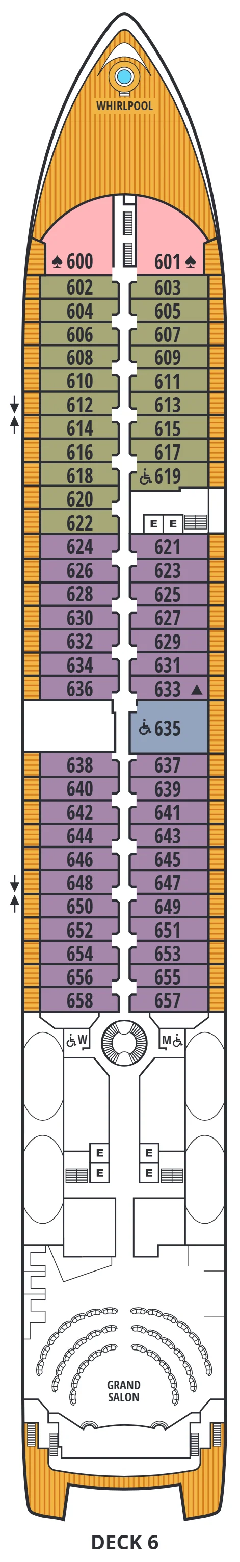 Deck 6 plan of Seabourn Quest, showing the bow whirlpool, Owner's Suites 600 and 601, Veranda Suites 602 to 658, Penthouse Suite 635 and the Grand Salon aft