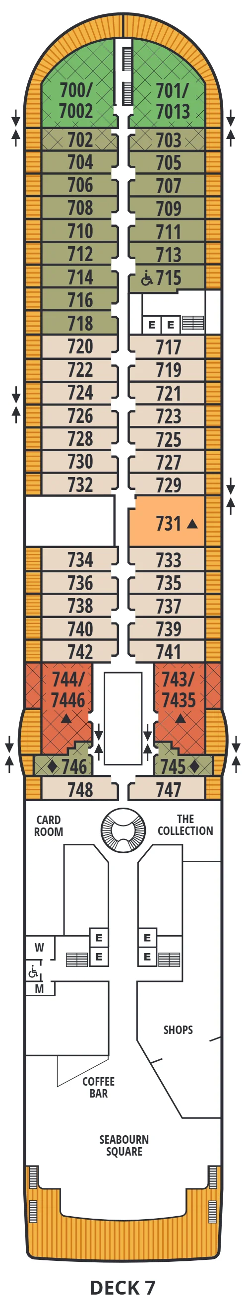Deck 7 plan of Seabourn Quest, showing Signature Suites 700 and 701 forward, Veranda Suites, Owner's Suite 731, Wintergarden Suites 743 and 744, the Card Room, The Collection, the shops, the Coffee Bar and Seabourn Square