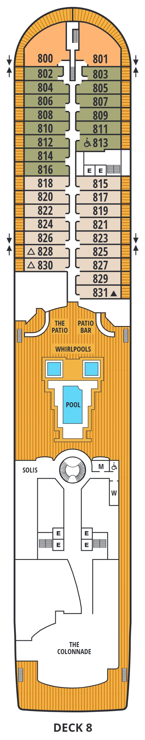 Deck 8 plan of Seabourn Quest, showing Owner's Suites 800 and 801 forward, Veranda Suites 802 to 831, The Patio and Patio Bar around the pool and whirlpools, Solis and The Colonnade aft