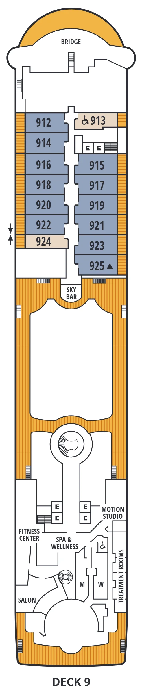 Deck 9 plan of Seabourn Quest, showing the bridge forward, Penthouse Suites 912 to 925 with Veranda Suites 913 and 924 among them, the Sky Bar, and the Fitness Center, Spa & Wellness, Motion Studio, Salon and treatment rooms aft