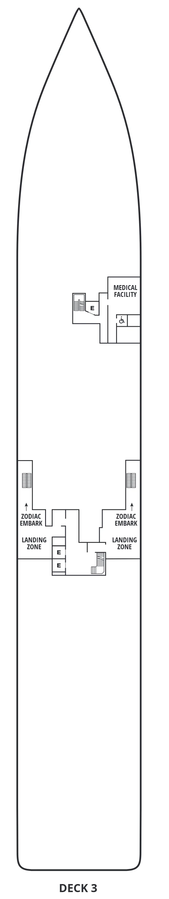 Deck 3 plan of Seabourn Venture and Seabourn Pursuit, showing the Medical Facility forward and Zodiac Embark and Landing Zone areas on both sides