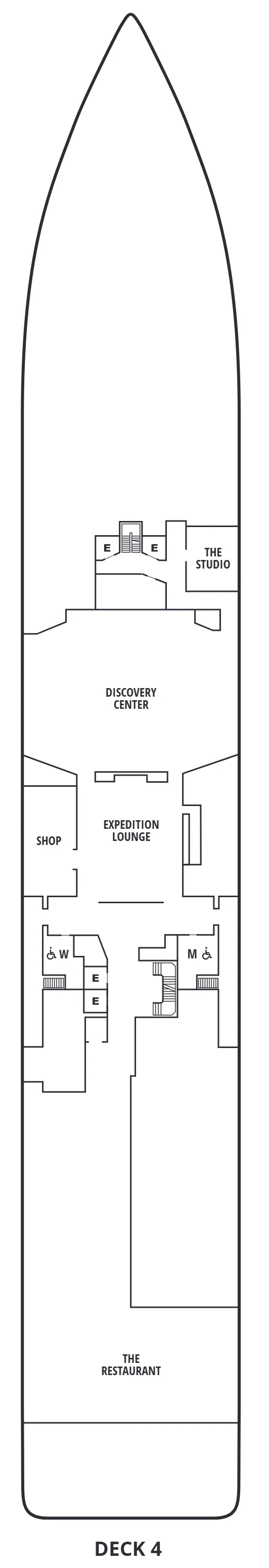 Deck 4 plan of Seabourn Venture and Seabourn Pursuit, showing The Studio, the Discovery Center, the shop, the Expedition Lounge and The Restaurant aft