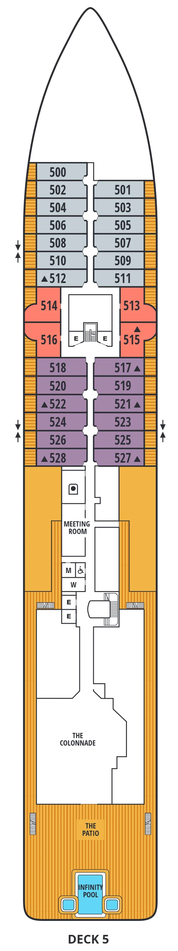 Deck 5 plan of Seabourn Venture and Seabourn Pursuit, showing Veranda Suites 500 to 528, Panorama Penthouse Suites 513 to 516, the meeting room, The Colonnade, The Patio and the Infinity Pool aft