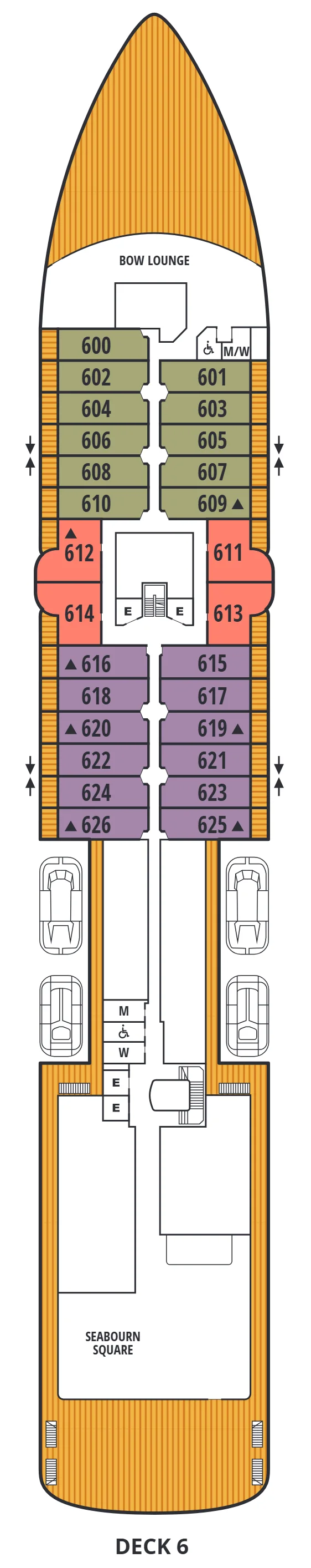 Deck 6 plan of Seabourn Venture and Seabourn Pursuit, showing the Bow Lounge, Veranda Suites 600 to 626, Panorama Penthouse Suites 611 to 614, and Seabourn Square aft