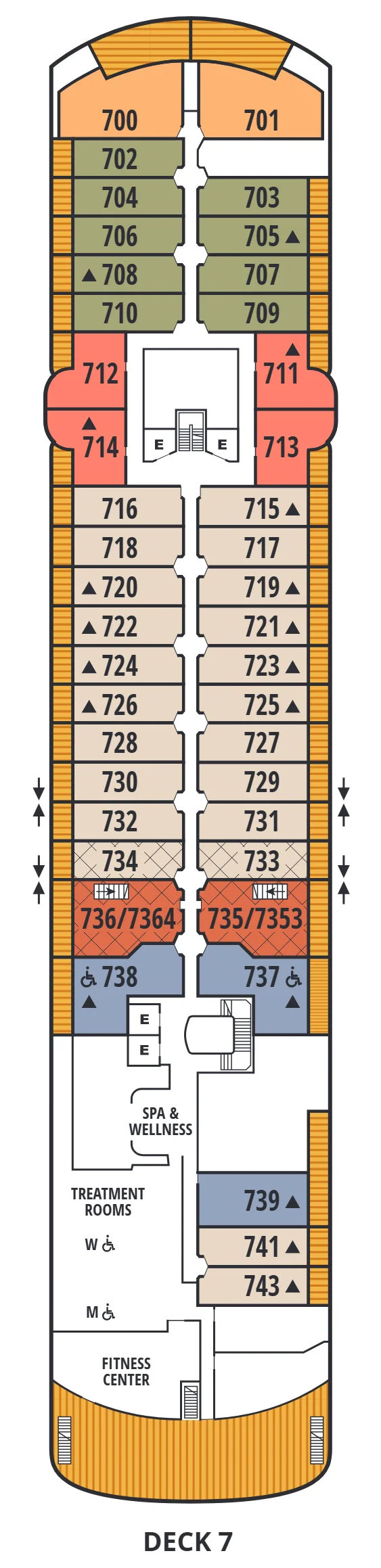Deck 7 plan of Seabourn Venture and Seabourn Pursuit, showing Owner's Suites 700 and 701 forward, Veranda Suites, Panorama Penthouse Suites 711 to 714, Wintergarden Suites 735 and 736, Penthouse Suites, Spa & Wellness, the treatment rooms and the Fitness Center aft