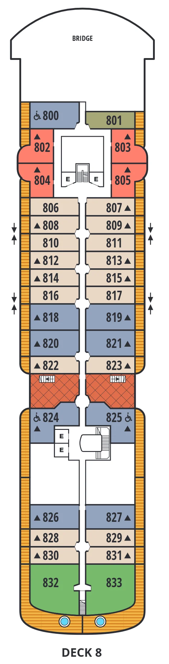 Deck 8 plan of Seabourn Venture and Seabourn Pursuit, showing the bridge forward, Penthouse Suite 800, Panorama Penthouse Suites 802 to 805, Veranda and Penthouse Suites, the upper level of the Wintergarden Suites, and Signature Suites 832 and 833 aft