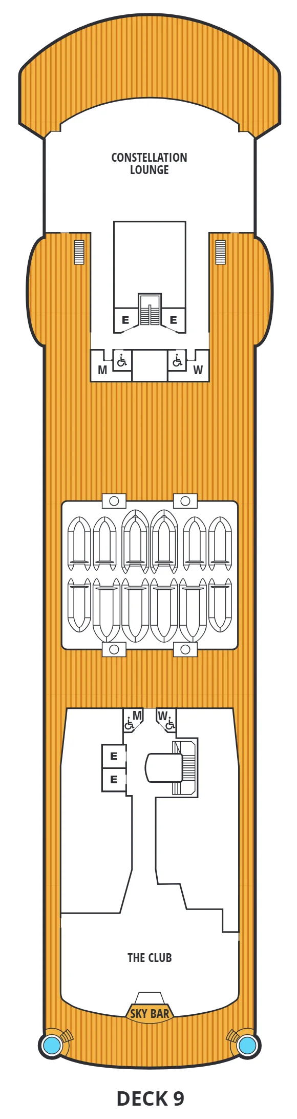 Deck 9 plan of Seabourn Venture and Seabourn Pursuit, showing the Constellation Lounge forward, and The Club and the Sky Bar aft