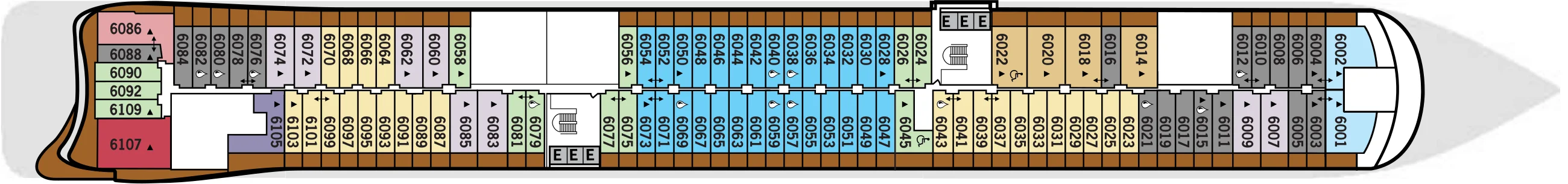 Deck 6 plan of Silver Nova and Silver Ray, showing suites 6001 to 6109, the largest at the stern and the bow