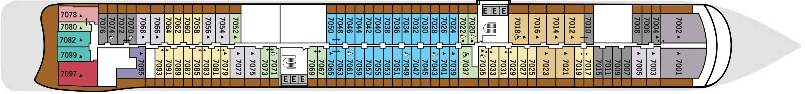 Deck 7 plan of Silver Nova and Silver Ray, showing suites 7001 to 7099, the largest at the stern and the bow