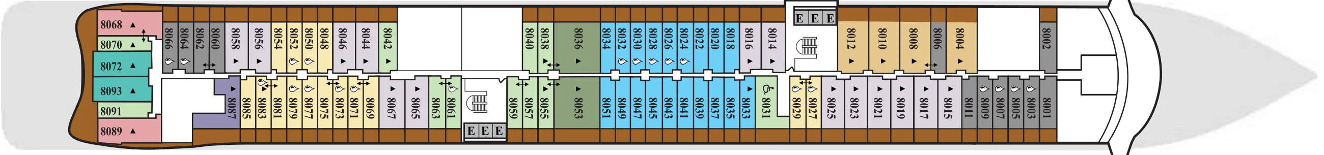Deck 8 plan of Silver Nova and Silver Ray, showing suites 8001 to 8093, with larger suites at the stern