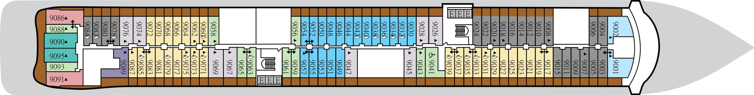 Deck 9 plan of Silver Nova, showing suites 9001 to 9095, with larger suites at the stern and the bow