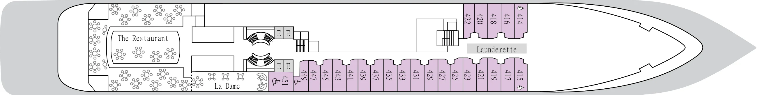 Deck 4 plan of Silver Cloud, showing The Restaurant and La Dame aft, a launderette, and suites 414 to 451