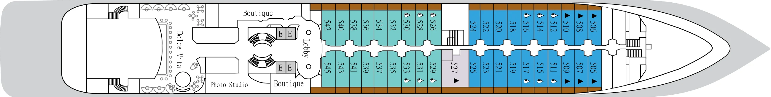 Deck 5 plan of Silver Cloud, showing Dolce Vita aft, the Photo Studio, two boutiques and the Lobby, and suites 505 to 545