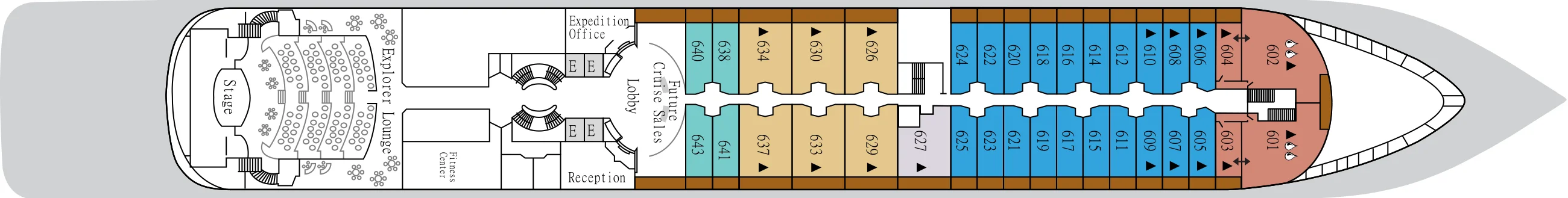 Deck 6 plan of Silver Cloud, showing the Explorer Lounge aft, the Fitness Centre, Expedition Office, Reception and Future Cruise Sales, and suites 601 to 643