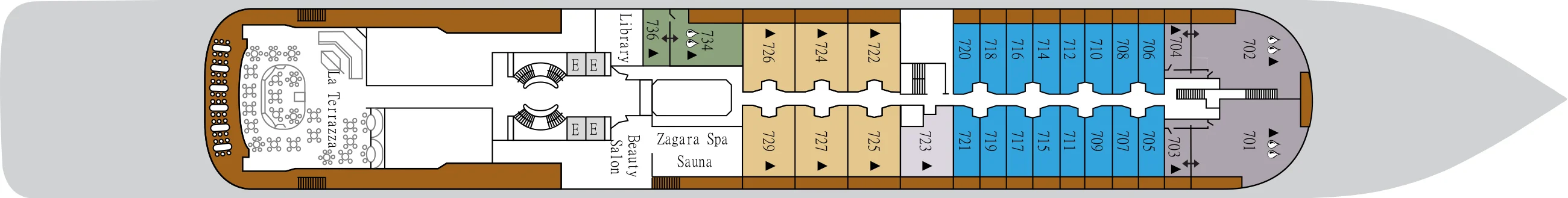 Deck 7 plan of Silver Cloud, showing La Terrazza aft, the Library, Beauty Salon, Zagara Spa and Sauna, and suites 701 to 736