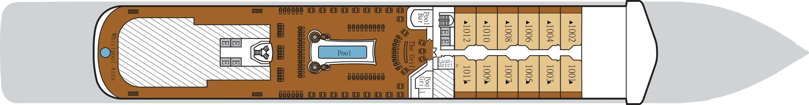 Deck 10 plan of Silver Dawn, showing the Whirlpool Area, the Pool, The Grill, Pool Bar and Pool Grill, and suites 1001 to 1012 forward