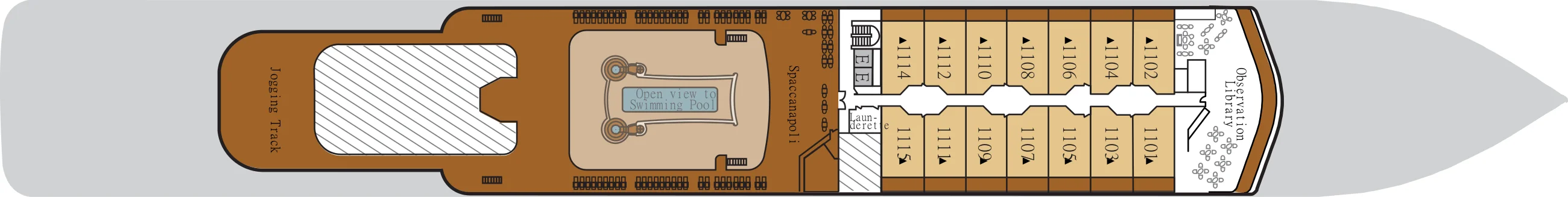 Deck 11 plan of Silver Dawn, showing the Jogging Track, Spaccanapoli, the Observation Library at the bow, and suites 1101 to 1115