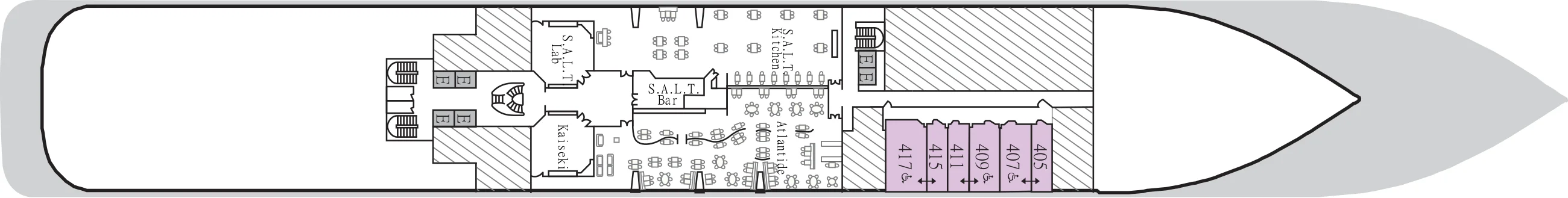 Deck 4 plan of Silver Dawn, showing the S.A.L.T. Lab, Kaiseki, S.A.L.T. Bar, S.A.L.T. Kitchen and Atlantide, and suites 405 to 417 forward