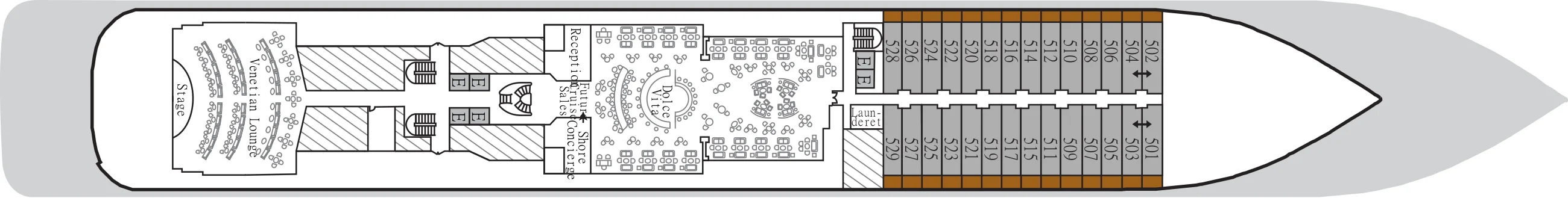 Deck 5 plan of Silver Dawn, showing the Venetian Lounge aft, Reception, Shore Concierge and Dolce Vita midship, and suites 501 to 529 forward